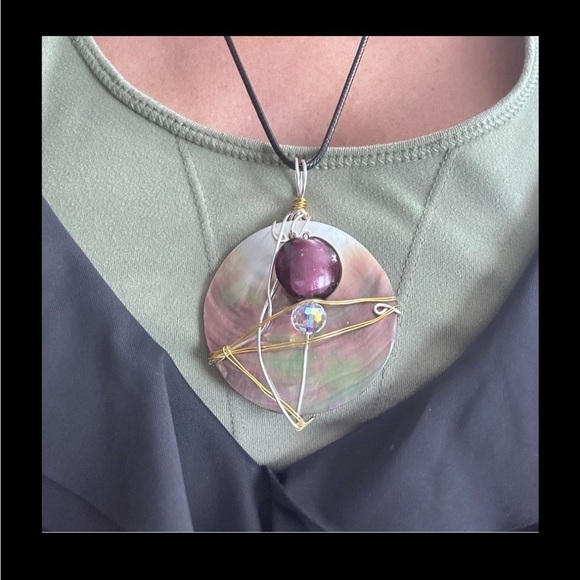 Abalone Teardrop Loves Copper Pendant – Crystals, Curls  Rubyrudi Handcrafted Abalone Shell Pendant glass accent Wire Wrapped Necklace